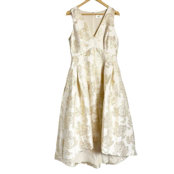 Eliza J Floral Jacquard Metallic Gold Fit & Flare Hi-Low Cocktail Dress Size 12 - Picture 2 of 10